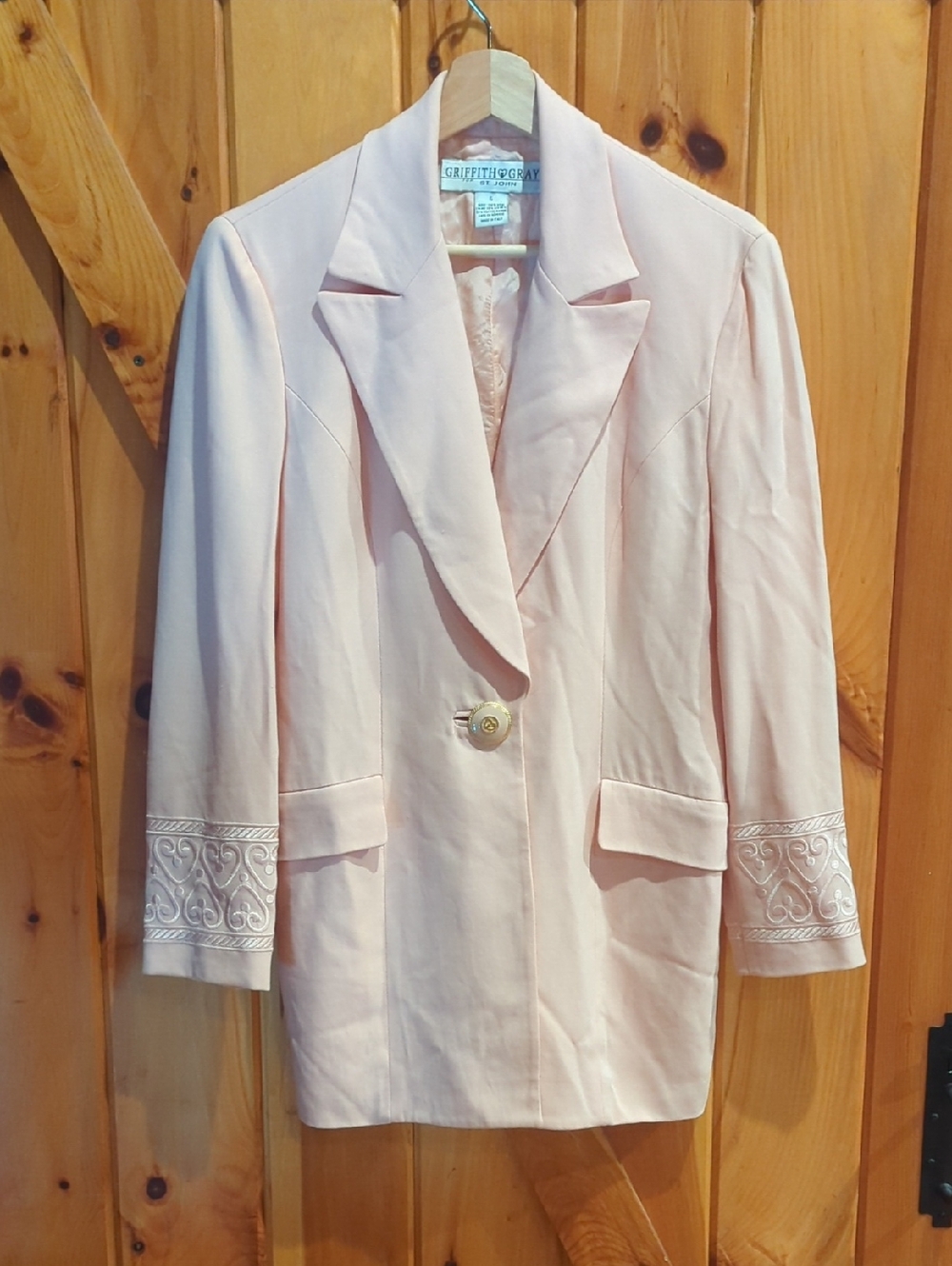 St. John Pale Pink Single-Button Blazer with Embroidered Cuffs
